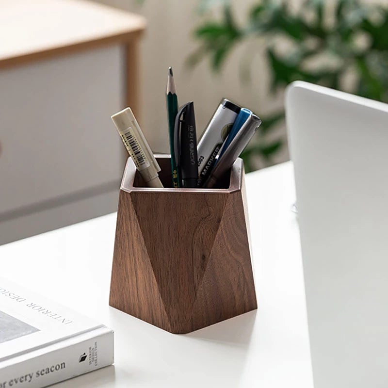 Soseelnee Black Walnut Wooden Pencil Box  Multiple-Use Desk Writing Stationary Organizer Wood Pen Holder Cups Office School Supplies Storage (Prismatic Shape) - Image 4